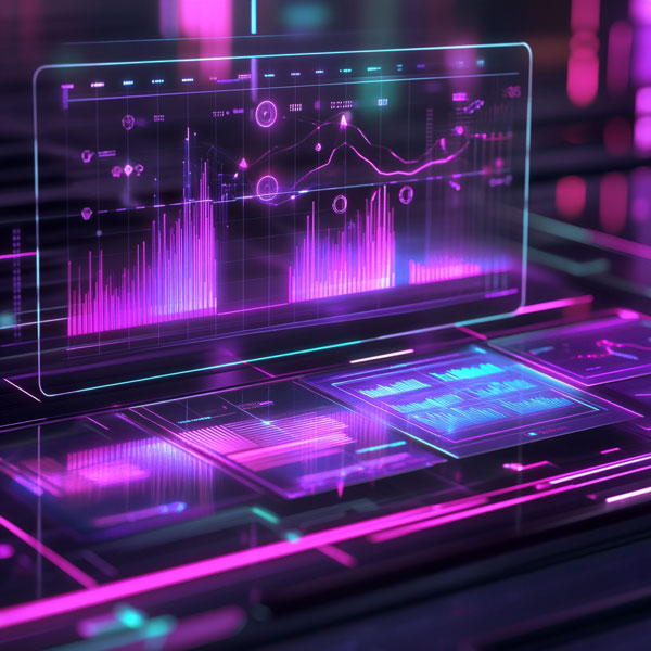 Dashboard numérique dans les tons violets montrant plein d'indicateurs BI, des KPIs