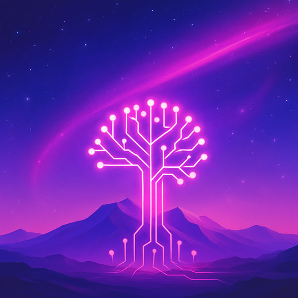 Arbre numérique face à des montagnes, ambiance violette