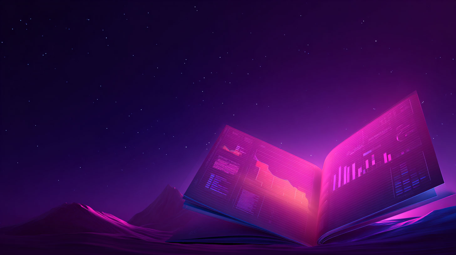 Image générée par IA représentant un livre ouvert sur de multiples indicateurs. Au fond des montagnes, le tout dans des tons violets et roses.