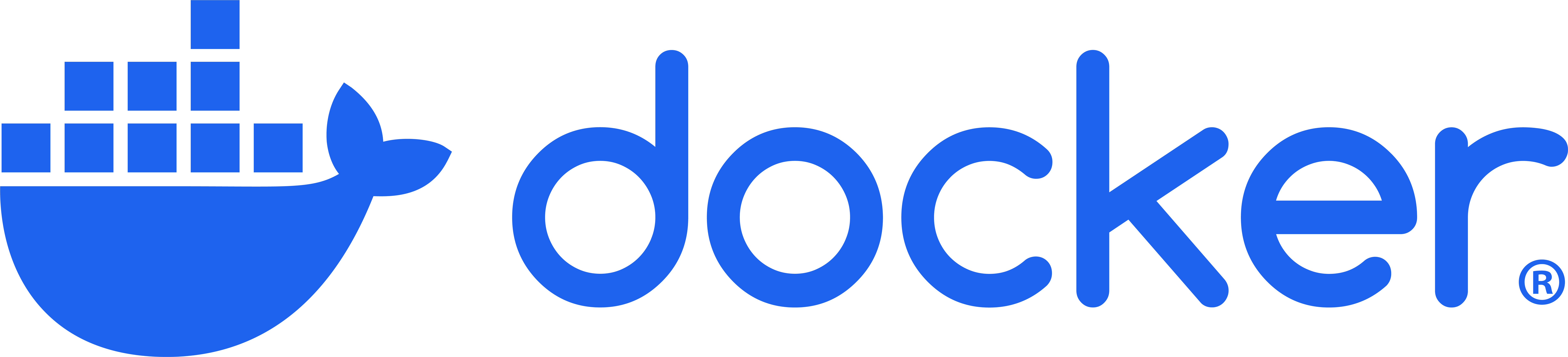 Docker logo featuring a blue whale carrying containers above the text 'docker' in blue.