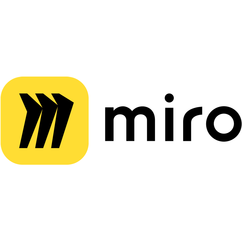 Miro logo with three black arrow-like shapes on a yellow rounded square background next to the word 'miro' in lowercase black font.
