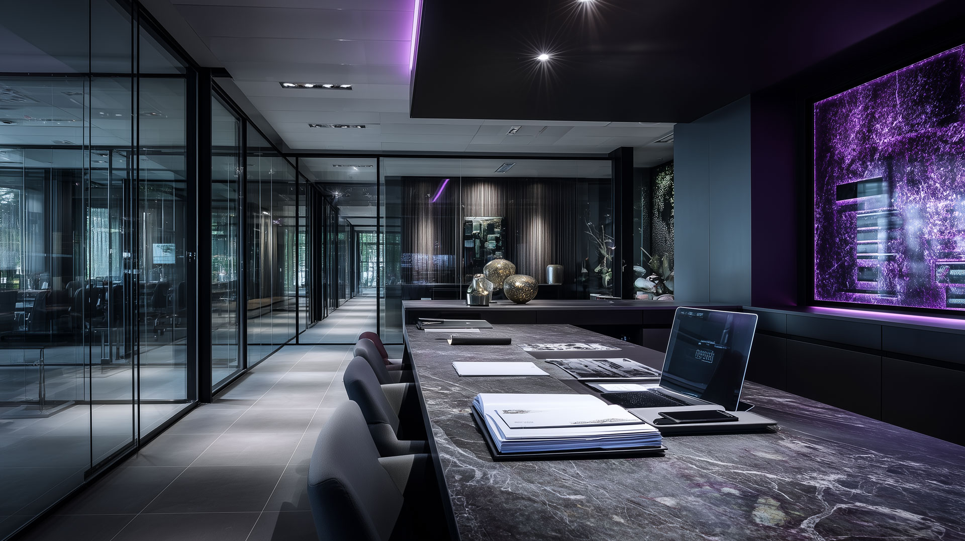 bright high-tech executive office, large desk with structured business documents, refined glass walls, subtle workflow display, mineral grey and graphite palette, soft amethyst accents