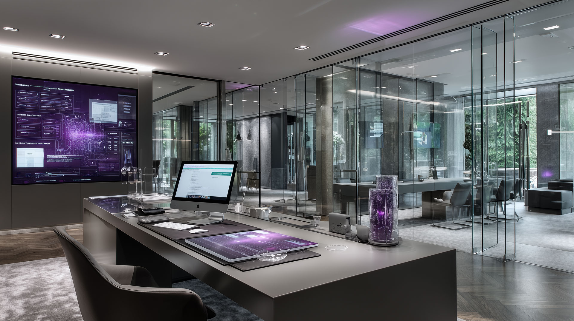 bright high-tech executive office, large desk with structured business documents, refined glass walls, subtle workflow display, mineral grey and graphite palette, soft amethyst accents