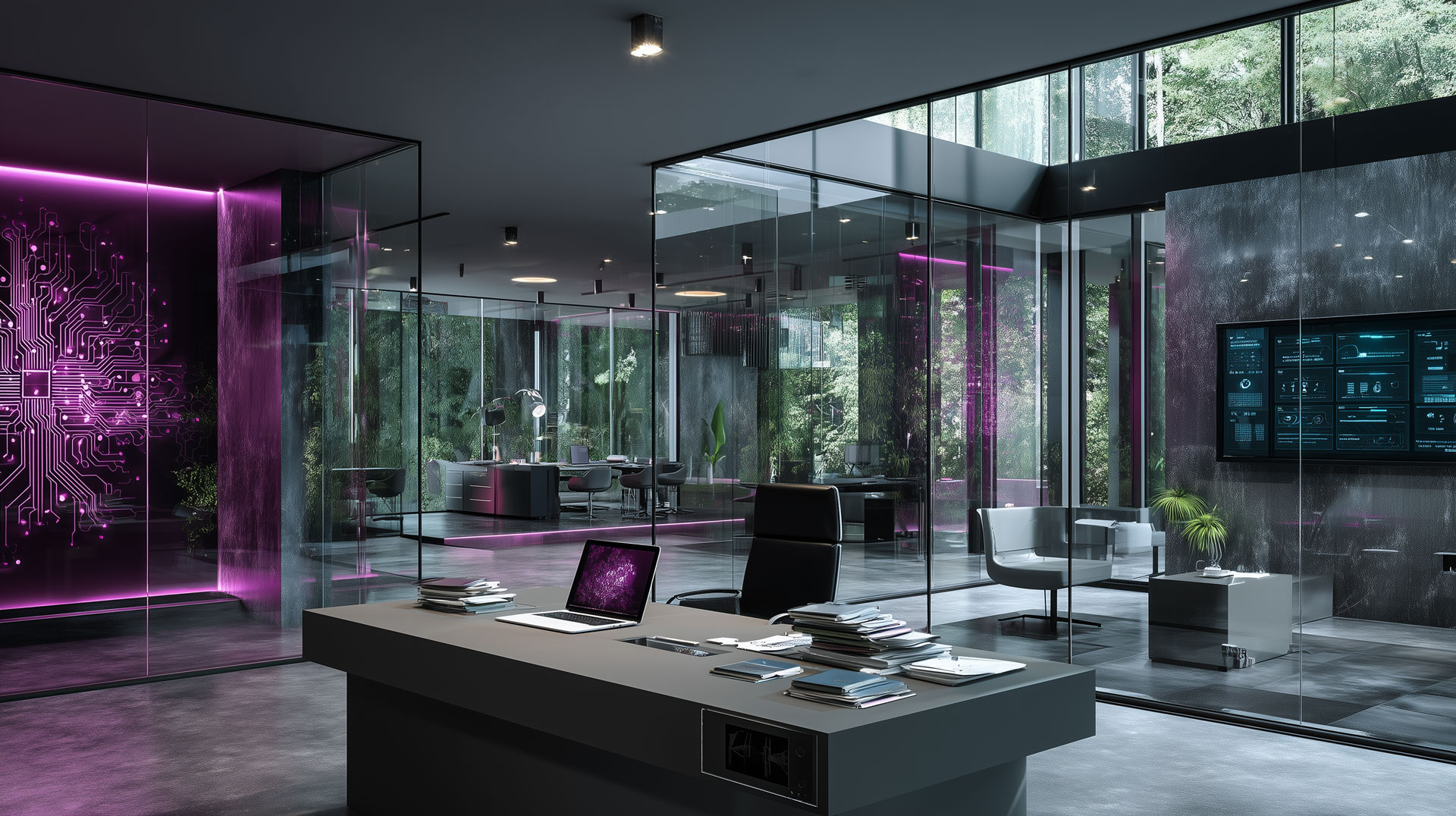bright high-tech executive office, large desk with structured business documents, refined glass walls, subtle workflow display, mineral grey and graphite palette, soft amethyst accents