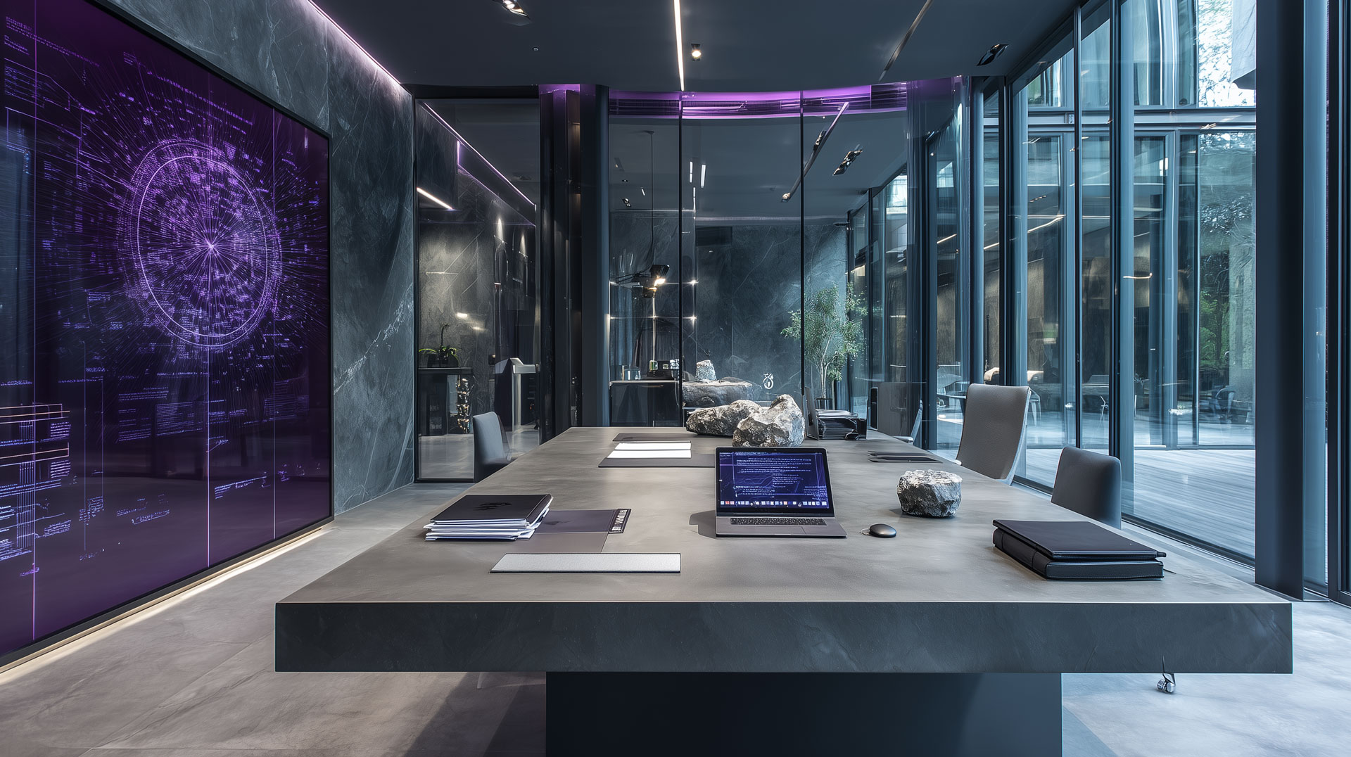bright high-tech executive office, large desk with structured business documents, refined glass walls, subtle workflow display, mineral grey and graphite palette, soft amethyst accents
