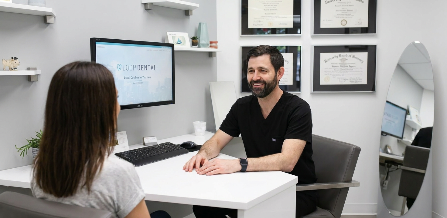 Dr. David Bates consults with a patient about All-on-X dental implants in a modern office, showing a caring interaction