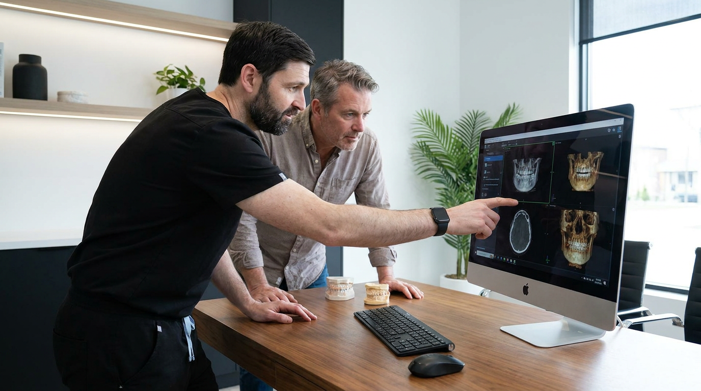 Dr. David Bates, reviews detailed 3D dental imaging scans on a large monitor with Andrew, both leaning slightly over a desk in a modern, clean dental consultation room.