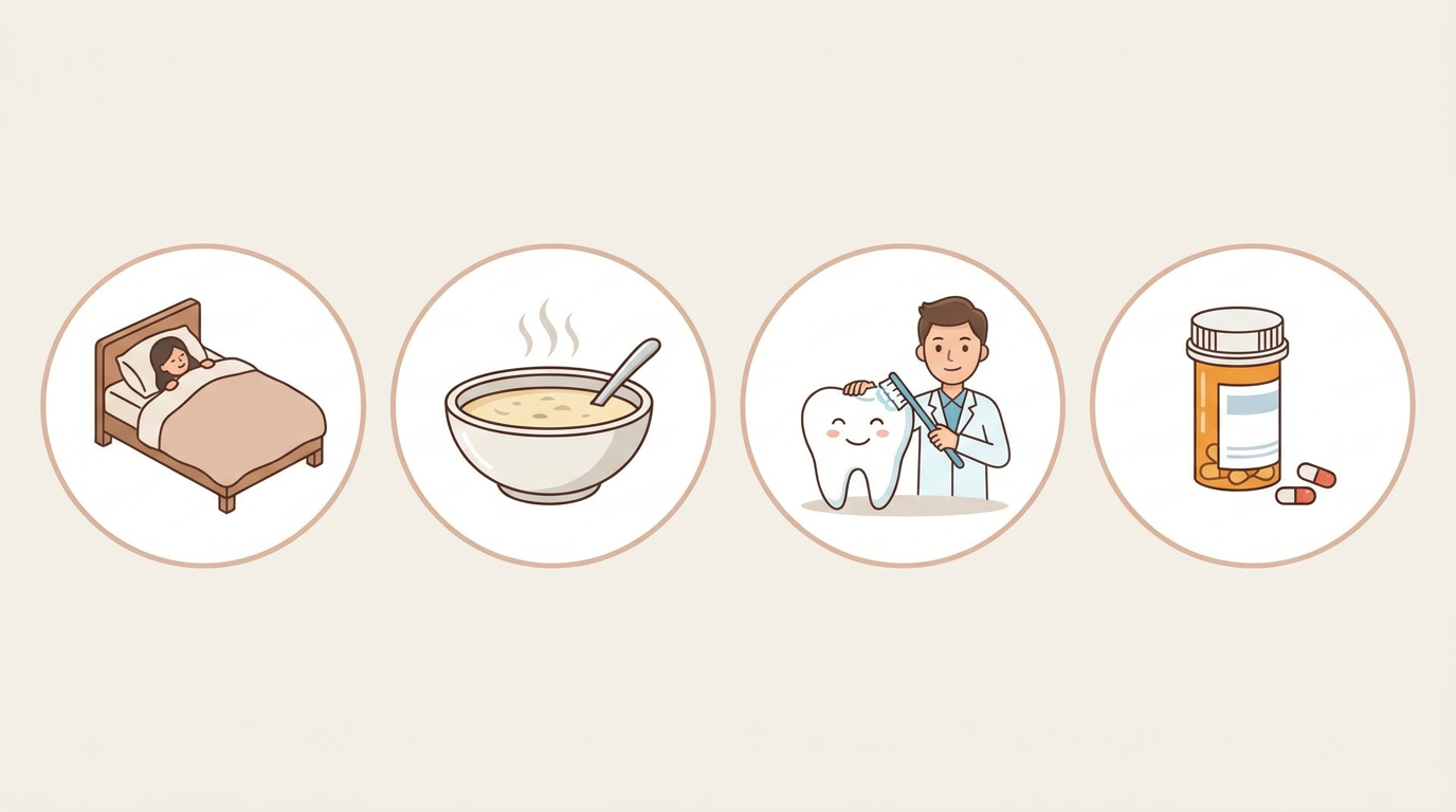 A series of four small icons or simple illustrations depicting various recovery tips: a person resting in bed, a bowl of soft soup, a toothbrush gently cleaning teeth, and a pill bottle.