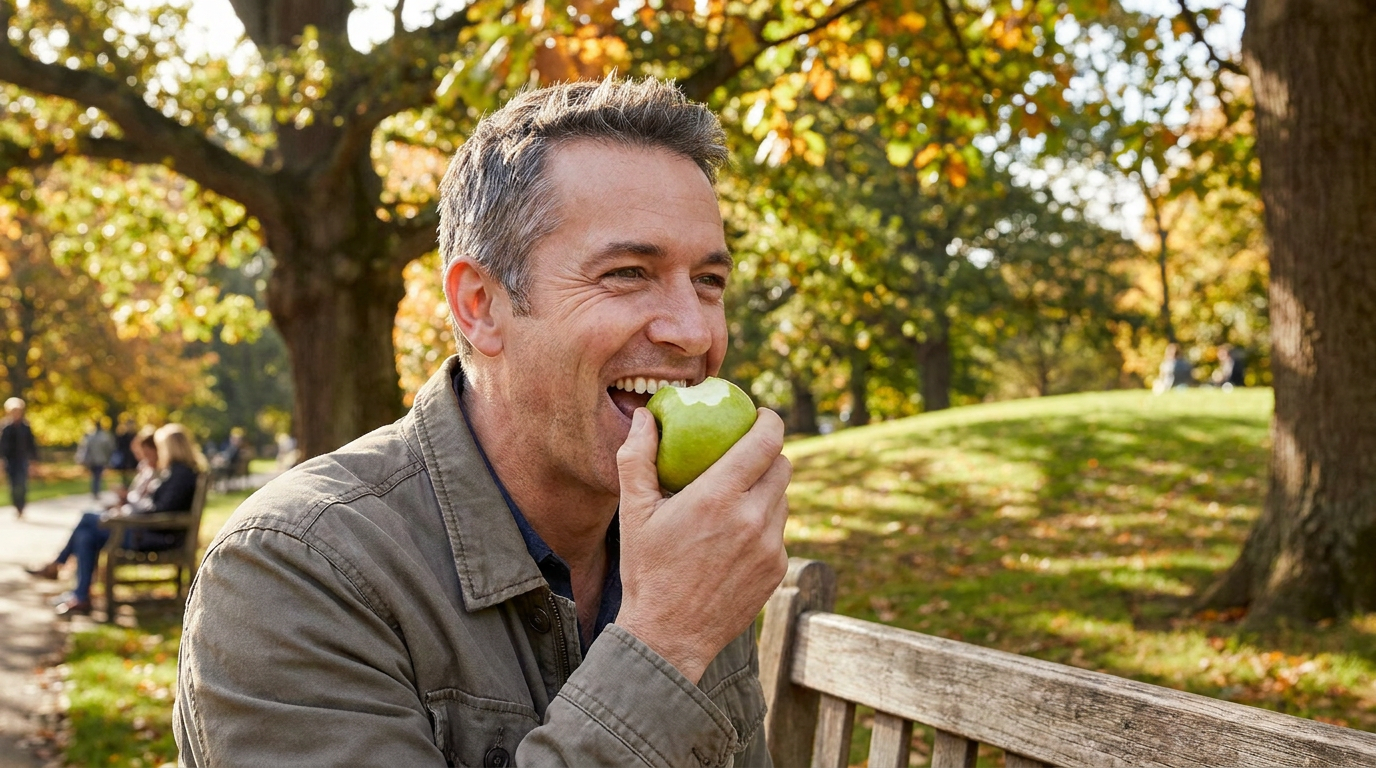 Andrew, confidently bites into a crisp green apple in a vibrant park setting, sunlight filtering through trees.