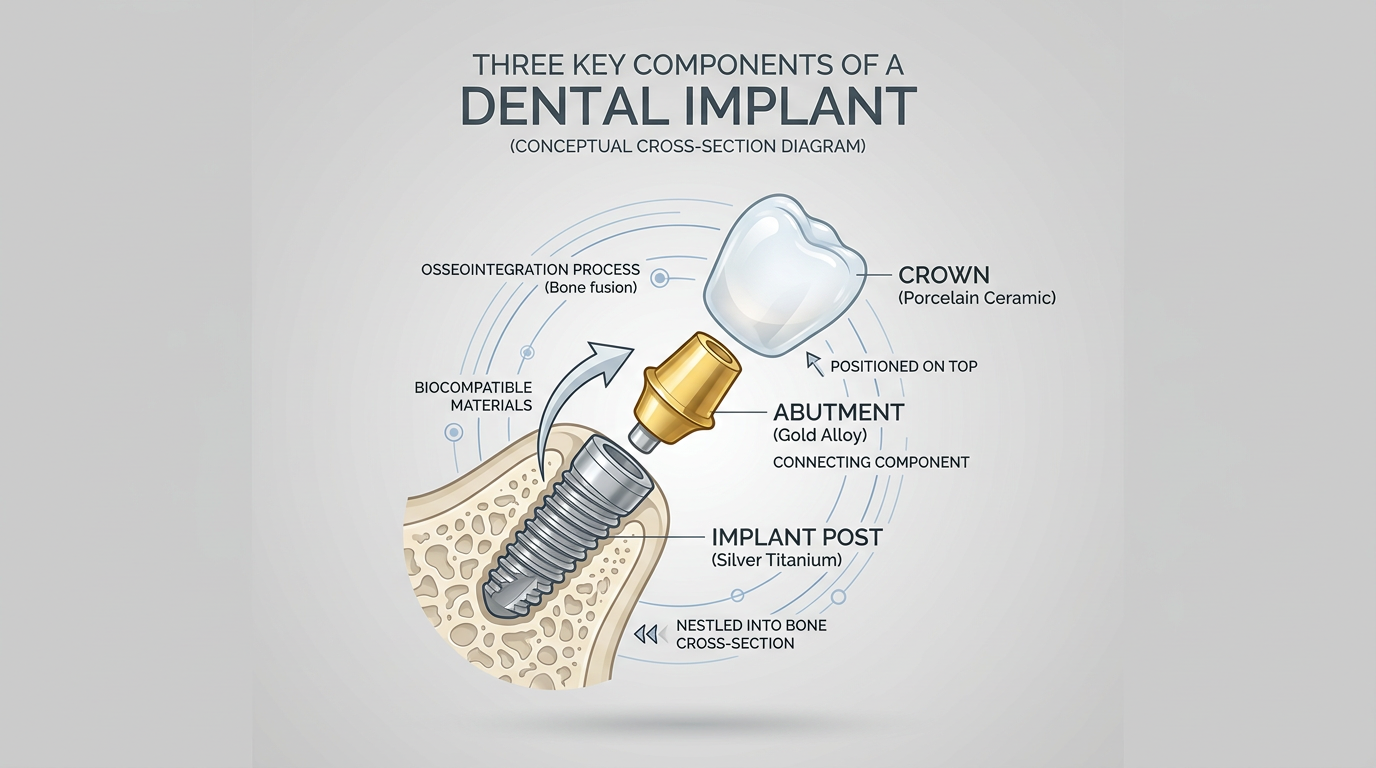 A detailed diagram illustrating the three key components of a dental implant: the silver screw-shaped implant post nestled into a bone cross-section, the gold abutment connecting above it, and a realistic white porcelain crown positioned