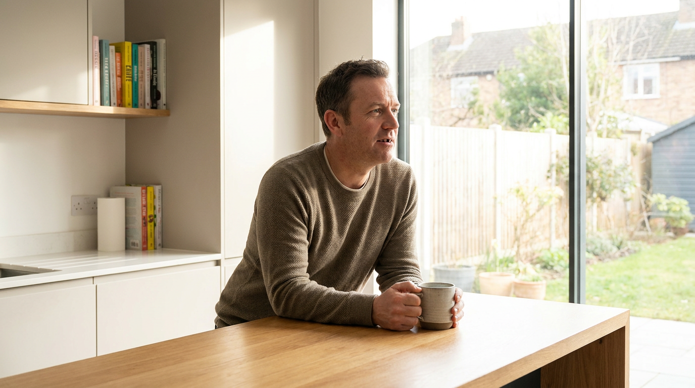 Andrew, sits thoughtfully at a modern kitchen island, holding a mug of coffee.