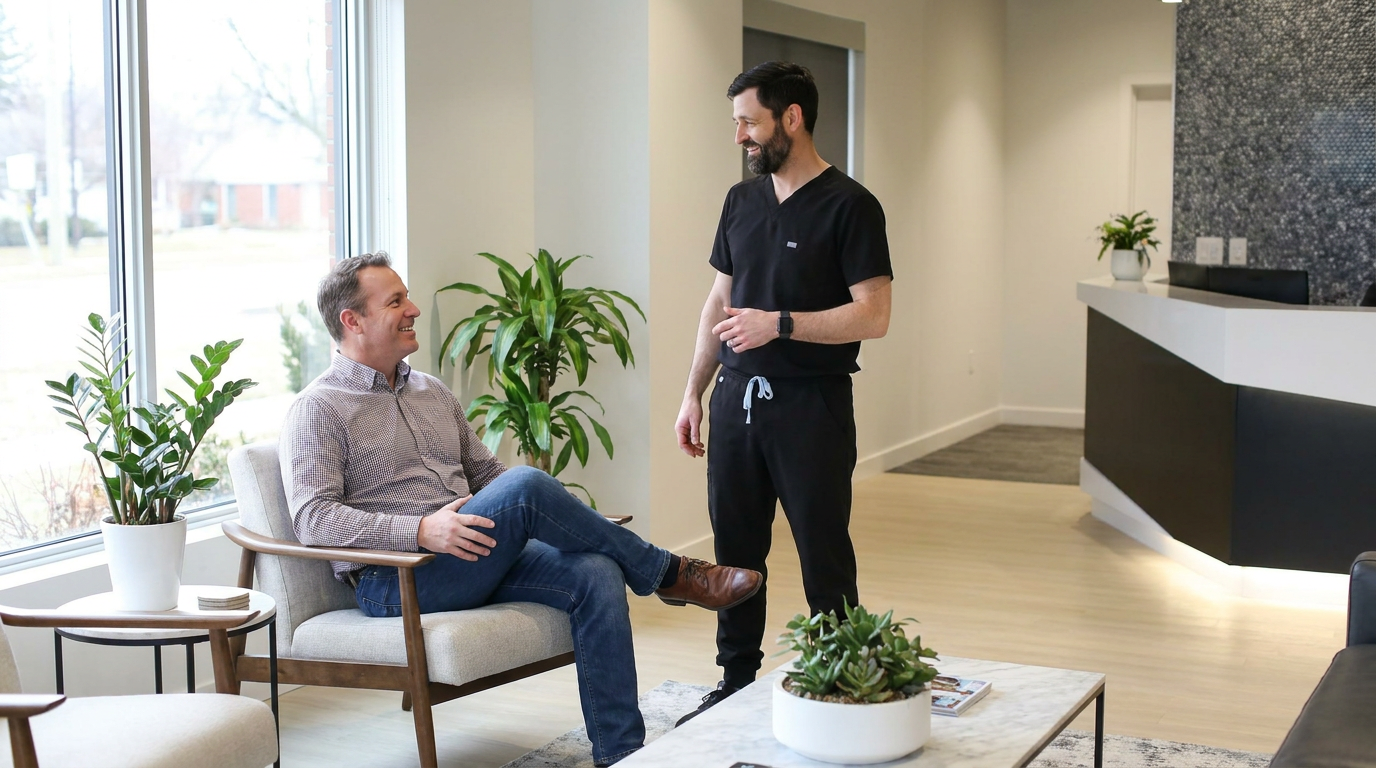 Dr. David Bates, talks warmly with Andrew, in a bright, modern dental office waiting area.