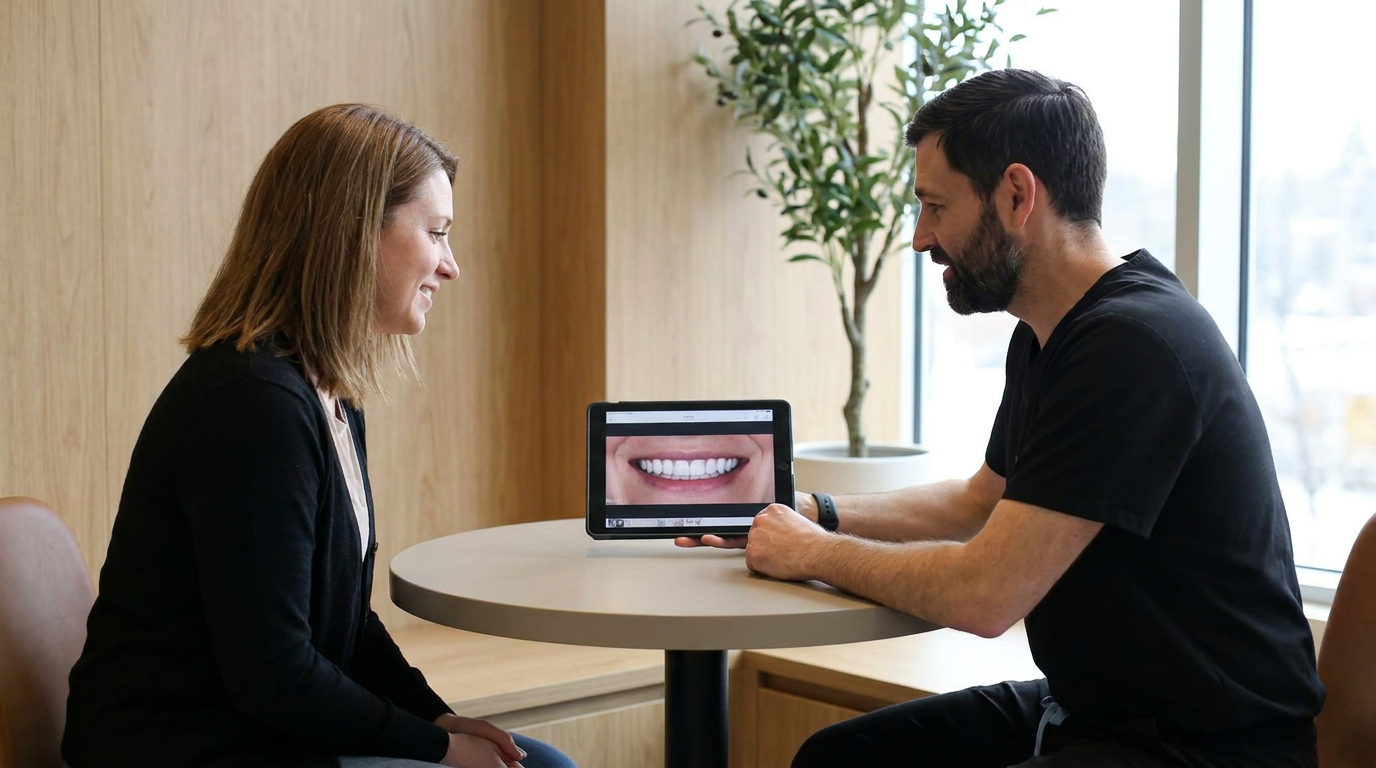 Photorealistic of Kayla, sitting with Dr. David Bates in a modern consultation room, looking at a tablet displaying a simulated "after" smile.