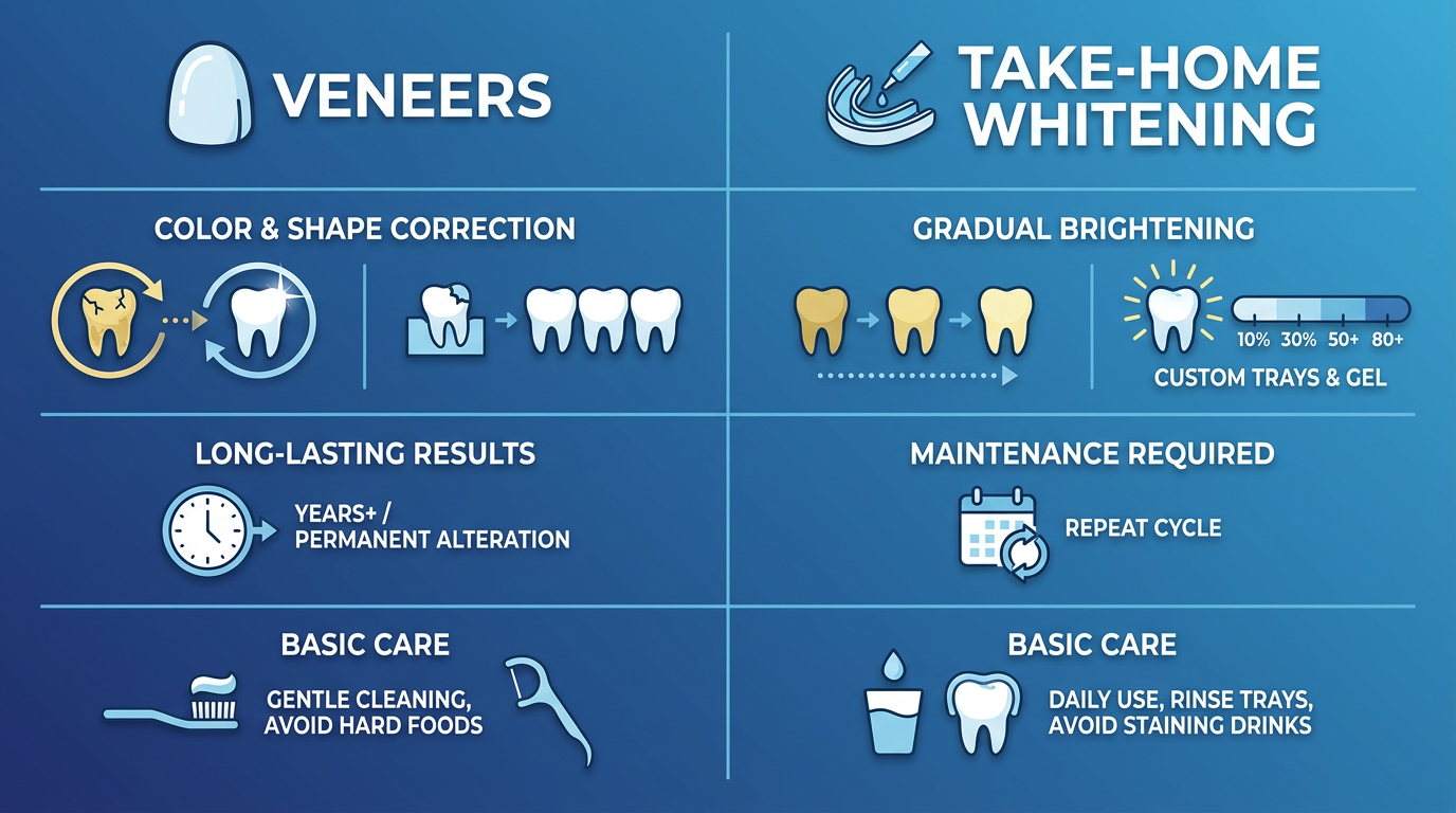 Minimal-text table-style comparison visual contrasting "Veneers" and "Take-Home Whitening" with simple icons for benefits (e.g., shape, color) and basic care.