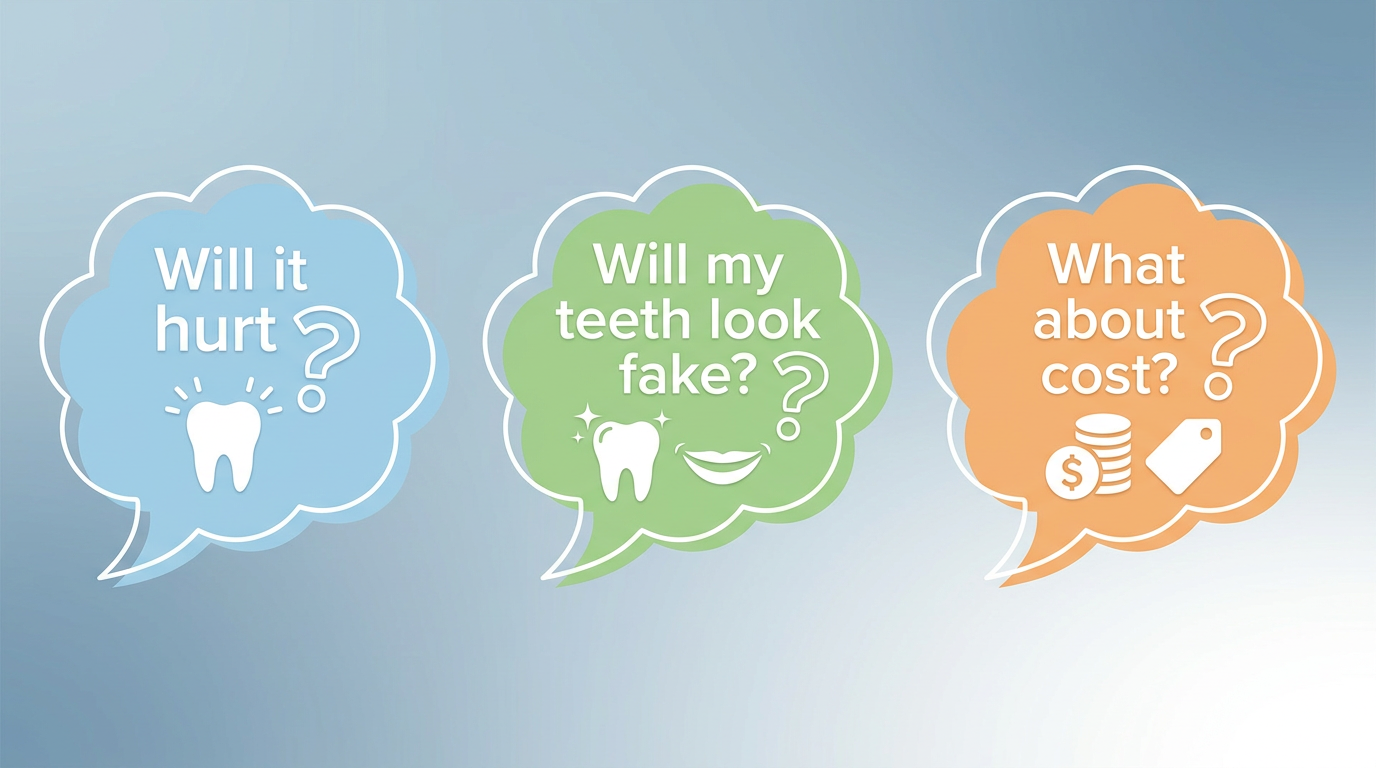 Minimal-text infographic visual showing three thought bubbles: "Will it hurt?", "Will my teeth look fake?", "What about cost?", with question marks.