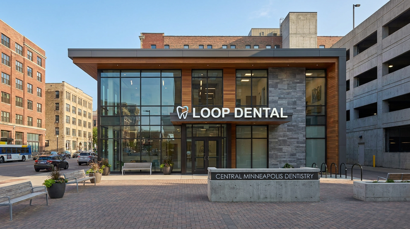Photorealistic of the exterior of Loop Dental, a modern and welcoming dental office building in Central Minneapolis, with clear branding.