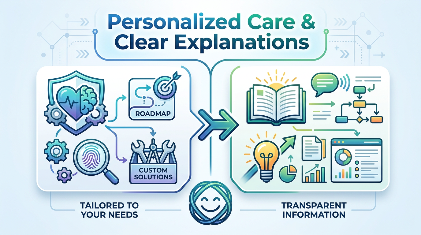 One-phrase callout-style visual: "Personalized Care & Clear Explanations".