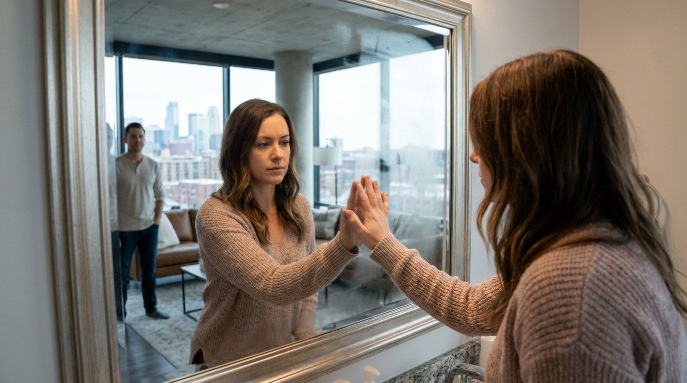Photorealistic where Kayla, is subtly touching her reflection in a bathroom mirror, a thoughtful expression on her face, in an upscale Minneapolis apartment.