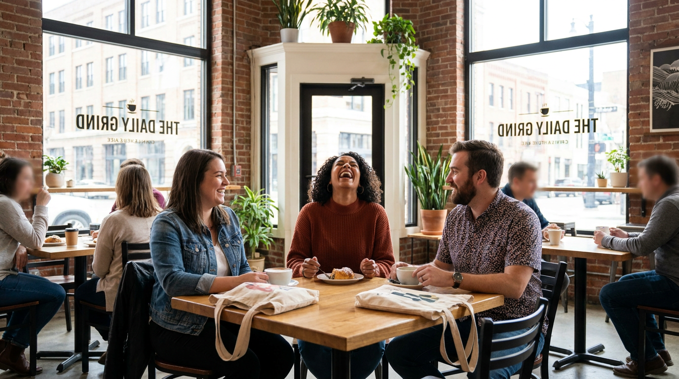 Photorealistic of Kayla, laughing genuinely and confidently with friends Brittany and Jason at a vibrant cafe in the Near North neighborhood.