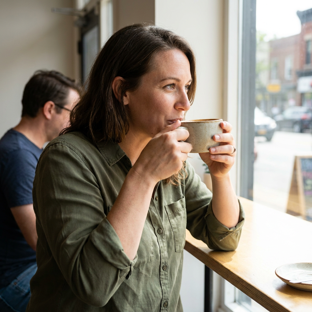Kayla in an olive button-down shirt sips coffee and smiles brightly at a cafe window.