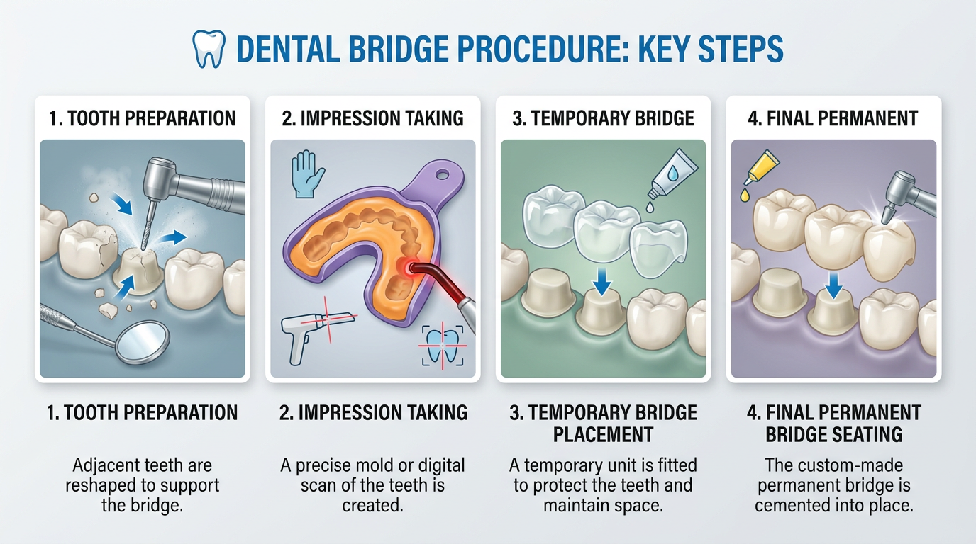 A detailed illustration of the dental bridge procedure's key steps: tooth preparation, impression taking, temporary bridge placement, and final permanent bridge seating.