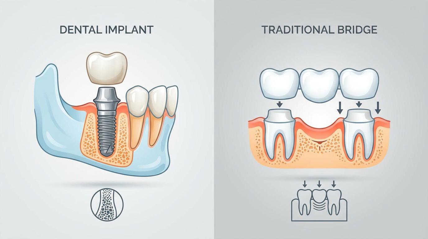 A comparison visual showing a simplified cross-section of a dental implant vs.