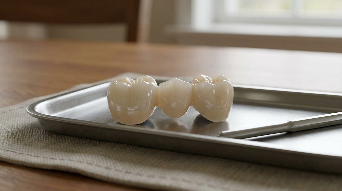 A close-up shot of a traditional dental bridge, meticulously crafted from porcelain, resting on a sterile dental tray.