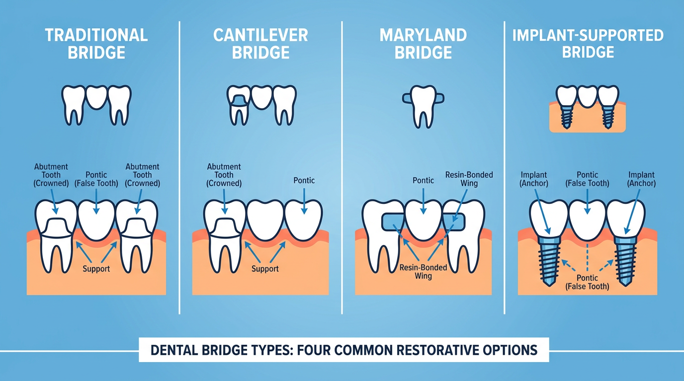 An infographic detailing the four main types of dental bridges: Traditional, Cantilever, Maryland, and Implant-Supported.