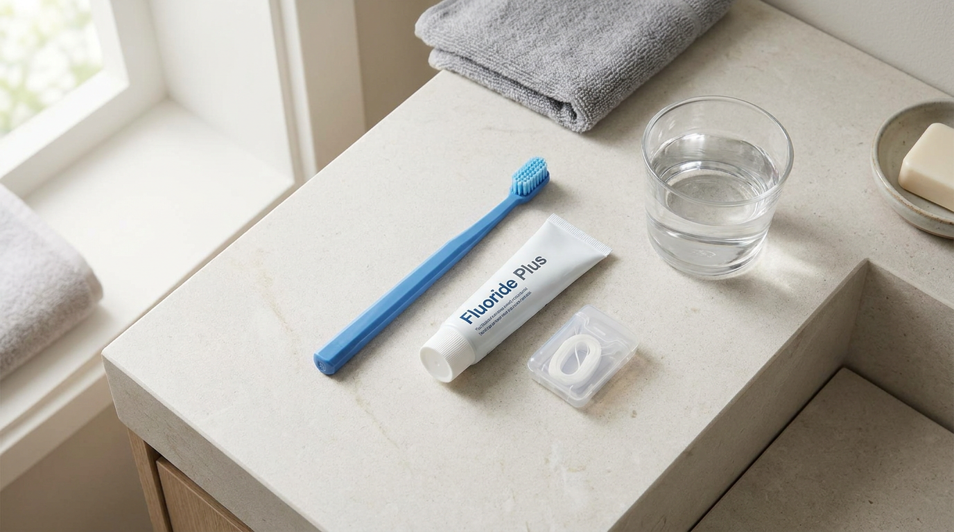 An overhead shot of a bathroom counter with a soft-bristled toothbrush, fluoride toothpaste, and a specialized floss threader next to a small glass of water.