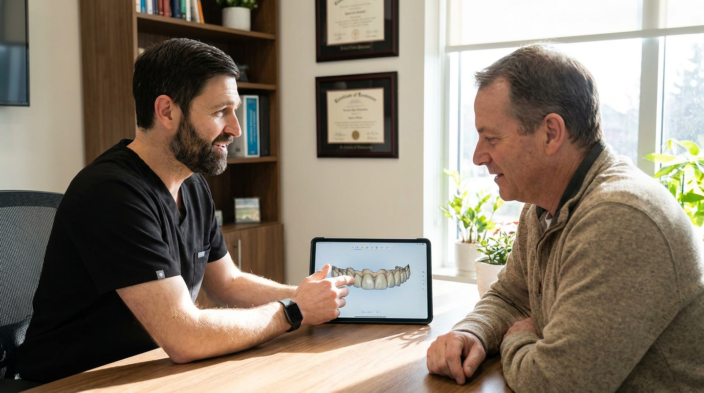 Dr. David Bates, speaking cordially with a middle-aged male patient in his office consult room, gesturing towards a digital model of a dental bridge on a tablet.
