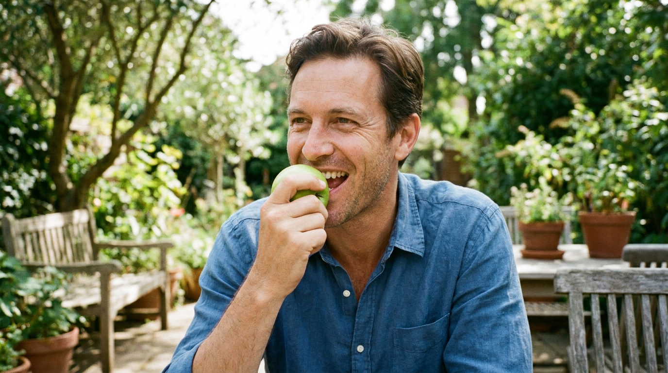 Mark, confidently biting into a crisp green apple on a sunny garden patio, his smile broad and assured.