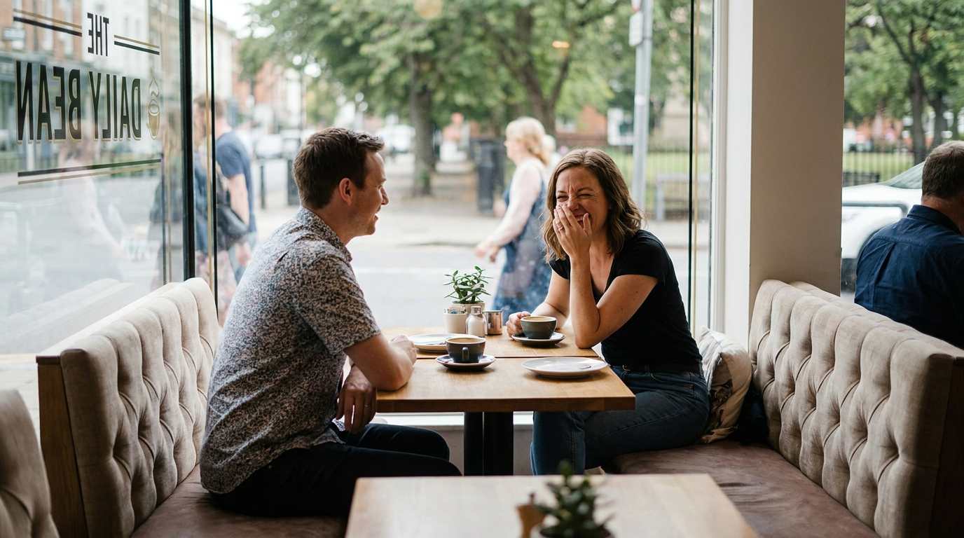 Megan, laughing heartily at a cafe window seat with a friend, her hand lightly covering her mouth in a natural gesture.