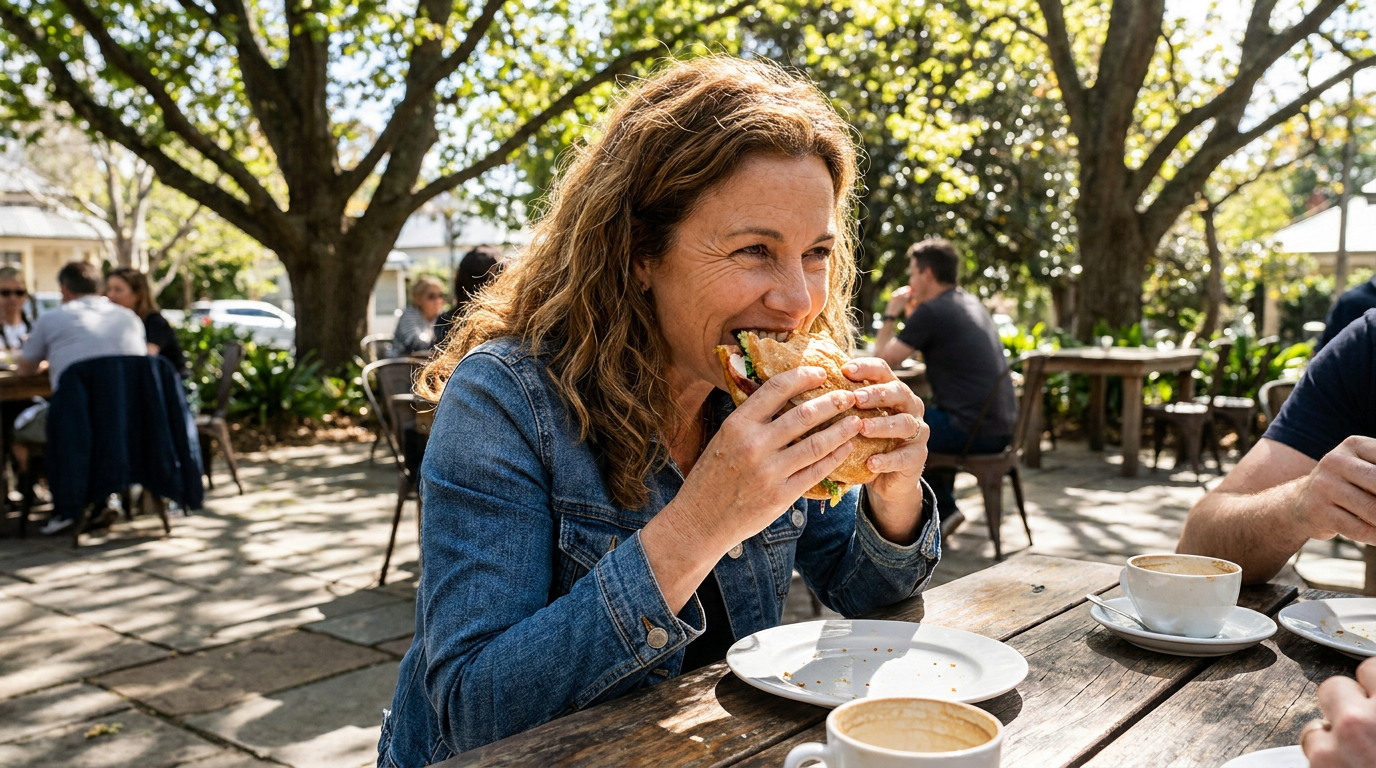 Chloe, a woman with long, wavy brown hair, wearing a denim jacket, bites into a sandwich at an outdoor cafe table with an empty plate and coffee cup in front of her.