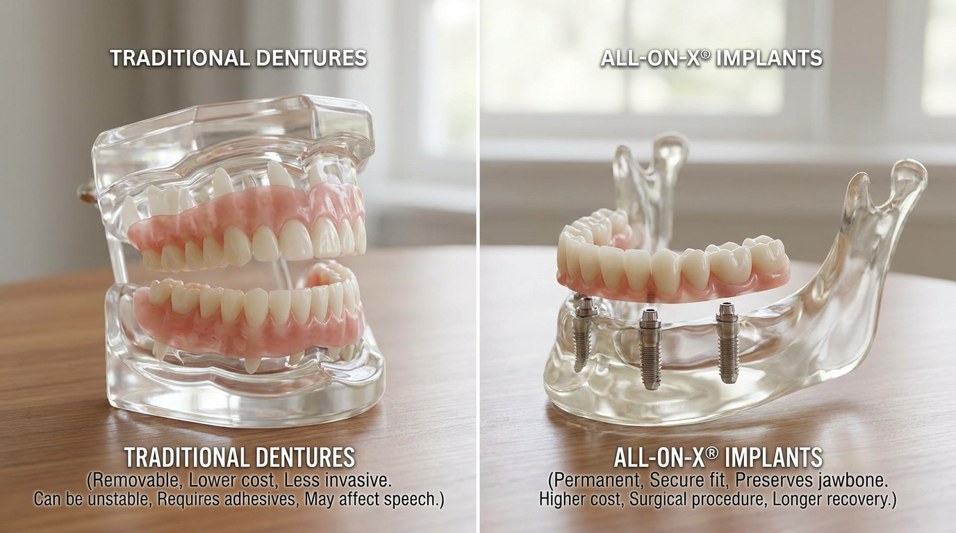 Two transparent jaw models sit on a wooden surface, one with traditional dentures and the other with All-on-X implants, against a blurred background of a window.