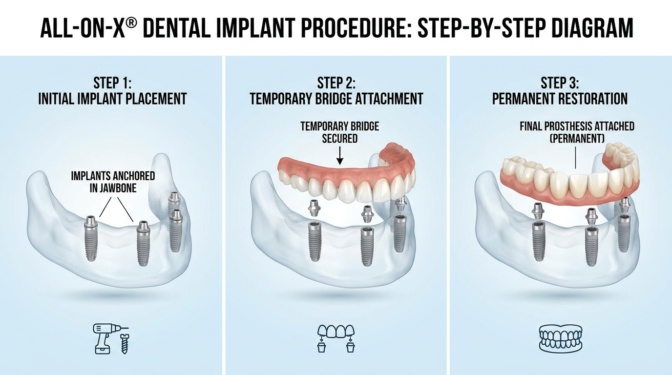 A step-by-step diagram shows a jawbone with four dental implants, then a temporary bridge attached to the implants, and finally a permanent prosthesis attached to the implants.