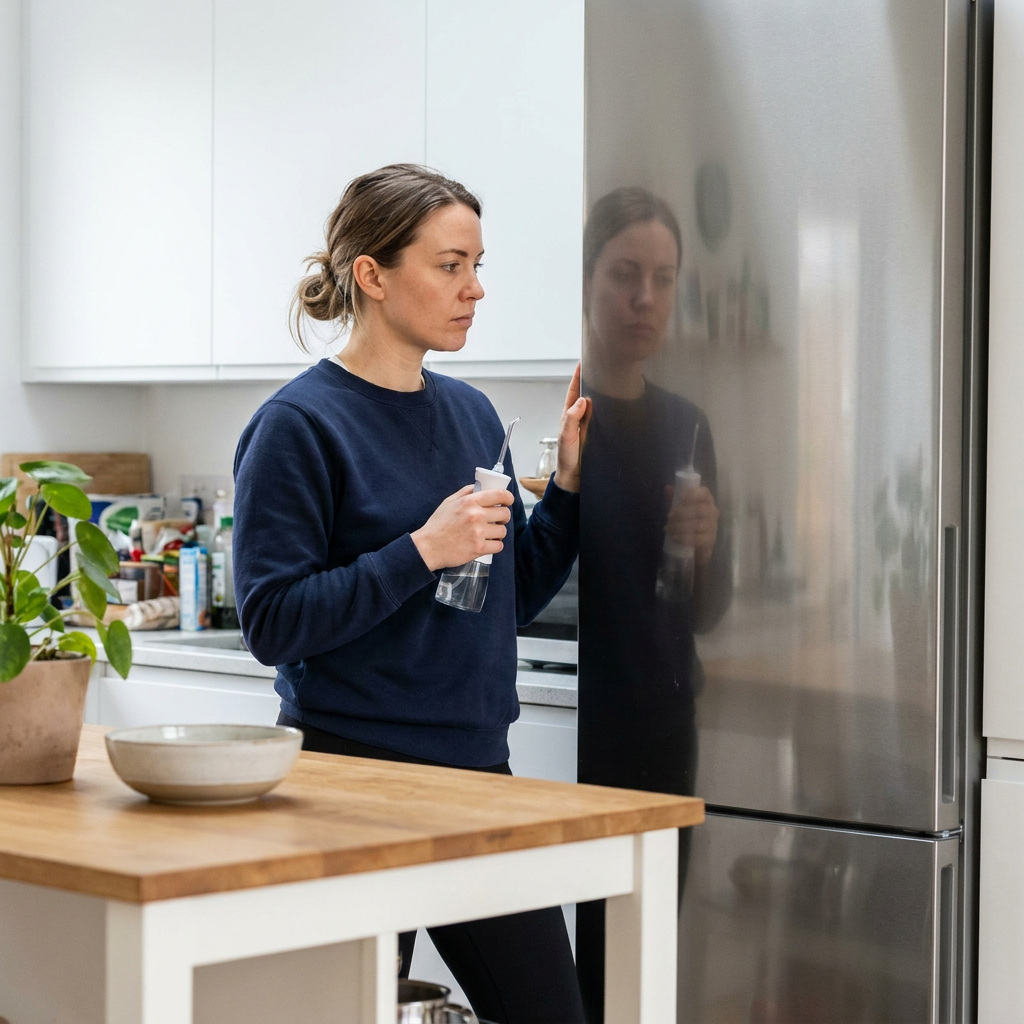 Chloe, wearing a navy crewneck shirt, stands in a kitchen holding a water flosser and looking at her reflection in a stainless steel refrigerator.