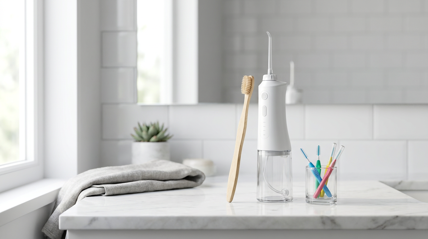 A toothbrush, water flosser, and interdental brushes sit on a white marble countertop next to a folded gray towel and a potted succulent.