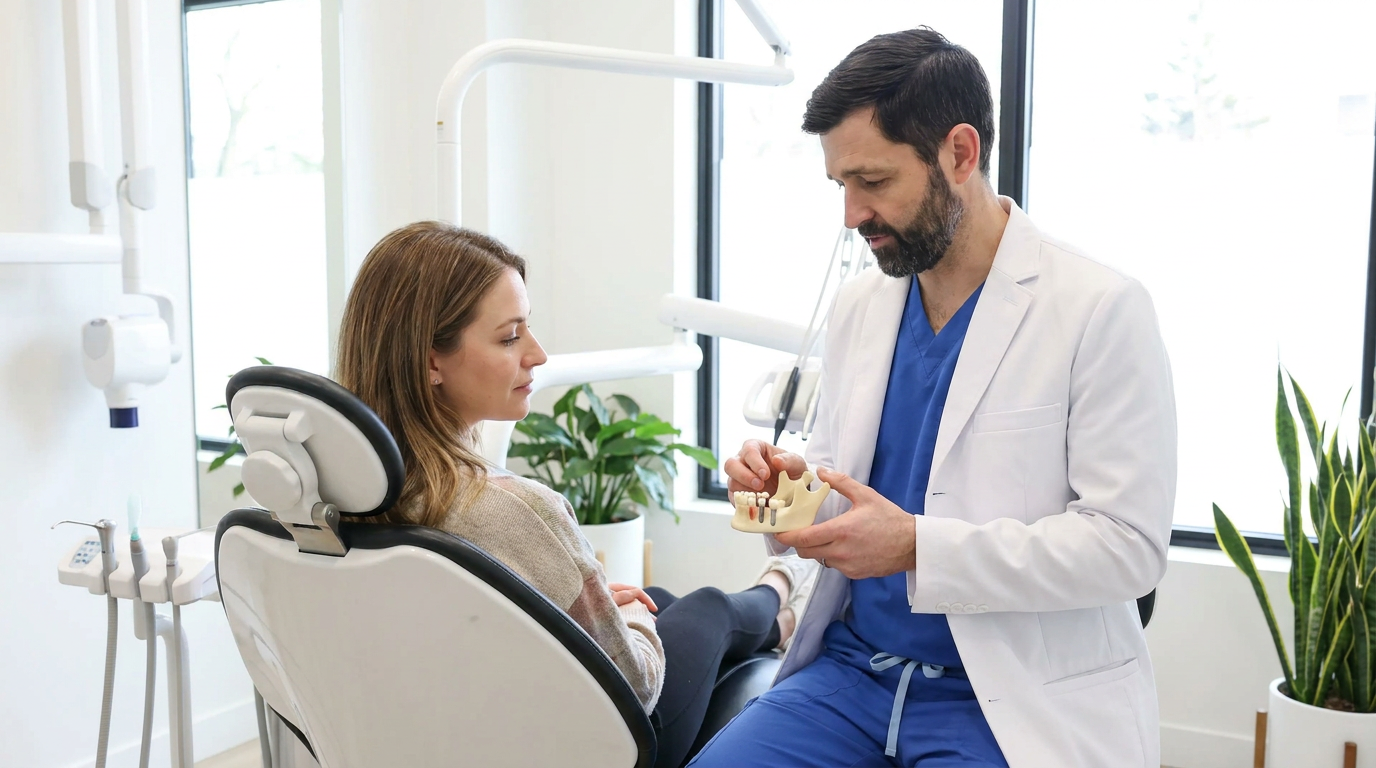 A male dentist in blue scrubs and a white lab coat sits across from a woman in a dental chair, holding and pointing to a jawbone model with dental implants.