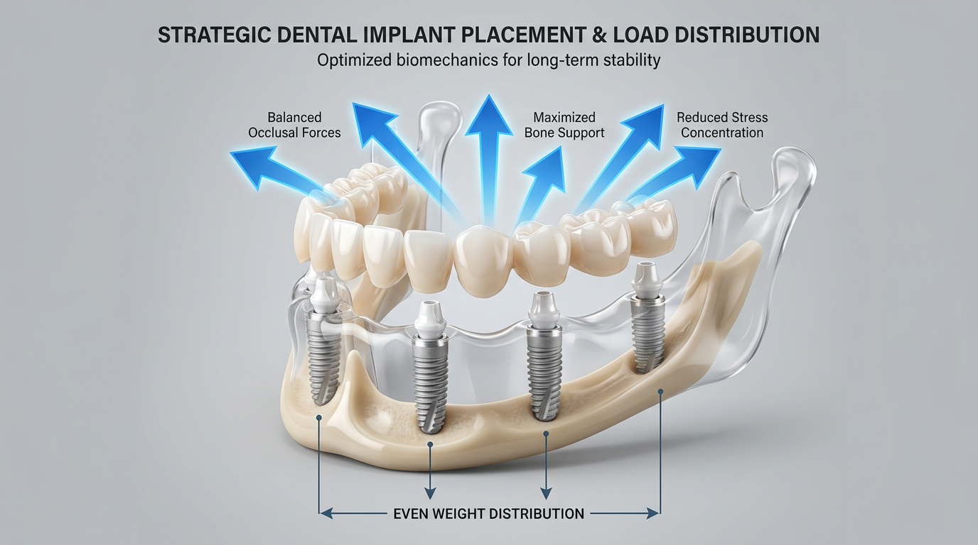 A 3D illustration of a lower jawbone with four dental implants supporting a full arch of teeth, showing blue arrows indicating balanced occlusal forces, maximized bone support, reduced stress concentration, and even weight distribution.