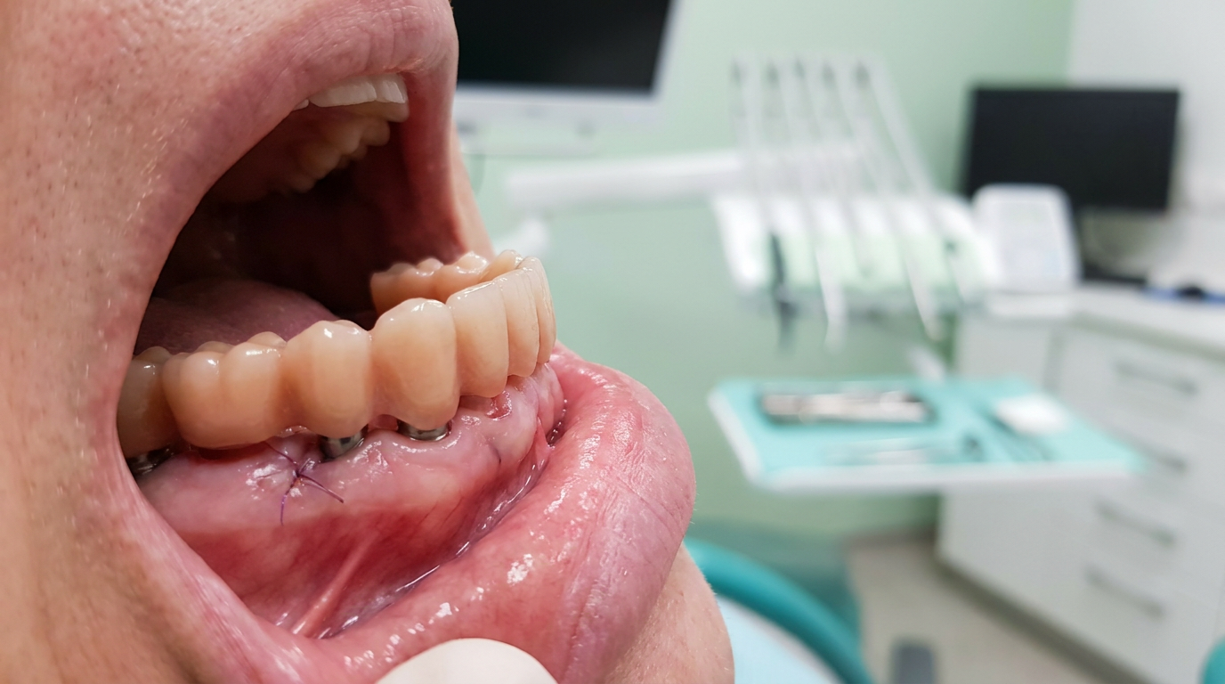 A close-up of a patient's open mouth shows a temporary dental bridge on the lower jaw, with sutures visible in the gums, against a blurred dental office background.