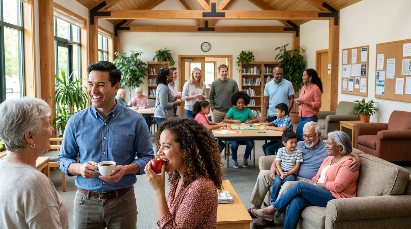 A diverse group of people of varying ages and genders are smiling and engaging in activities in a bright, airy community center with large windows, wooden beams, bookshelves, and bulletin boards.