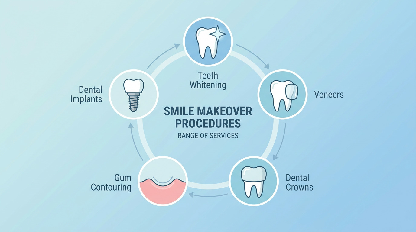 A blue and white infographic displays "Smile Makeover Procedures" in the center, surrounded by five circular icons with arrows: Dental Implants, Teeth Whitening, Veneers, Dental Crowns, and Gum Contouring.