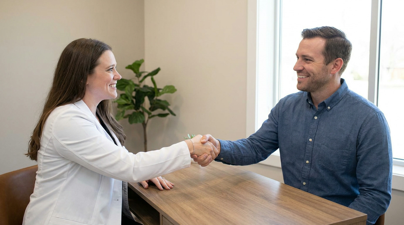 Dr. Herzig and Benjamin shake hands across a wooden desk in a bright room with a plant and window in the background.