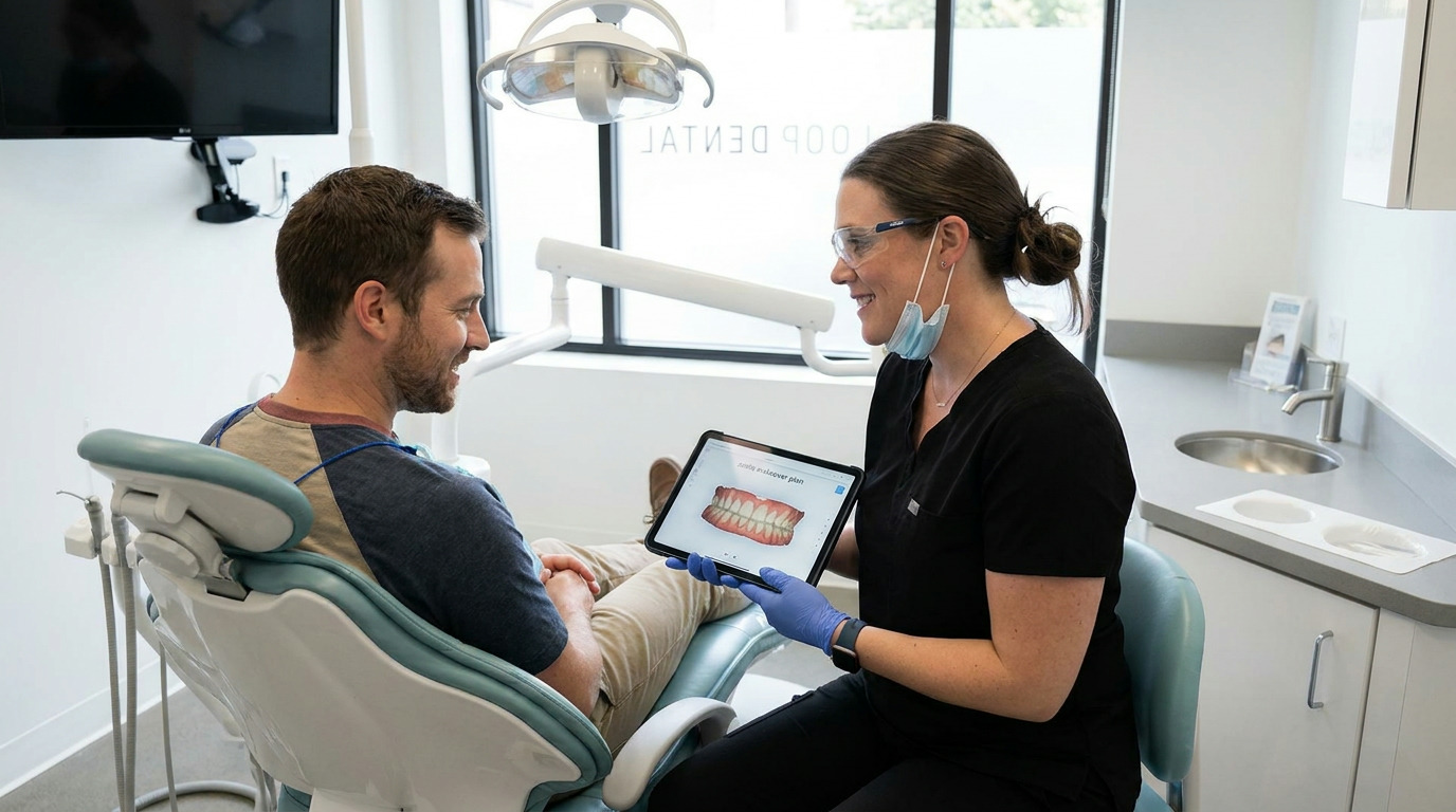A man in a dental chair smiles at a dentist wearing safety glasses and a mask, who holds a tablet displaying a 3D rendering of teeth in a modern dental office.