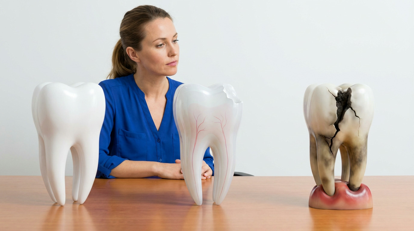 A person in a blue shirt looks at three large tooth models on a wooden table: a healthy tooth, a chipped tooth with red lines, and a severely cracked and discolored tooth with an inflamed gum base.
