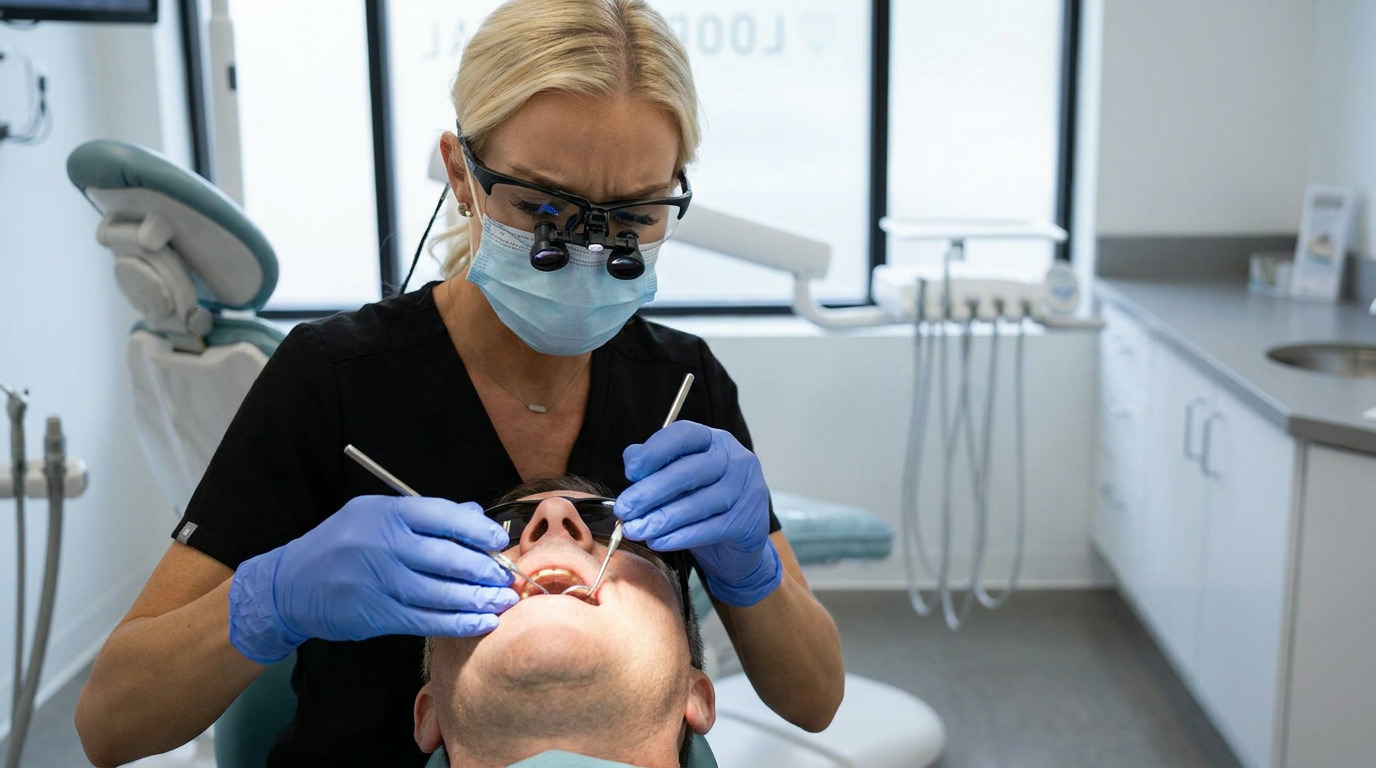 Dr. Hannon, wearing a black scrub top, blue mask, and loupes, examines a patient's open mouth with a dental mirror and explorer, while the patient lies in a dental chair.