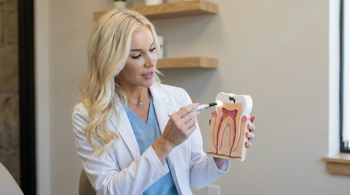 Dr. Hannon, wearing a white lab coat over light blue scrubs, holds a large tooth model and points a penlight at a chipped area on its enamel, showing the tooth's internal layers.
