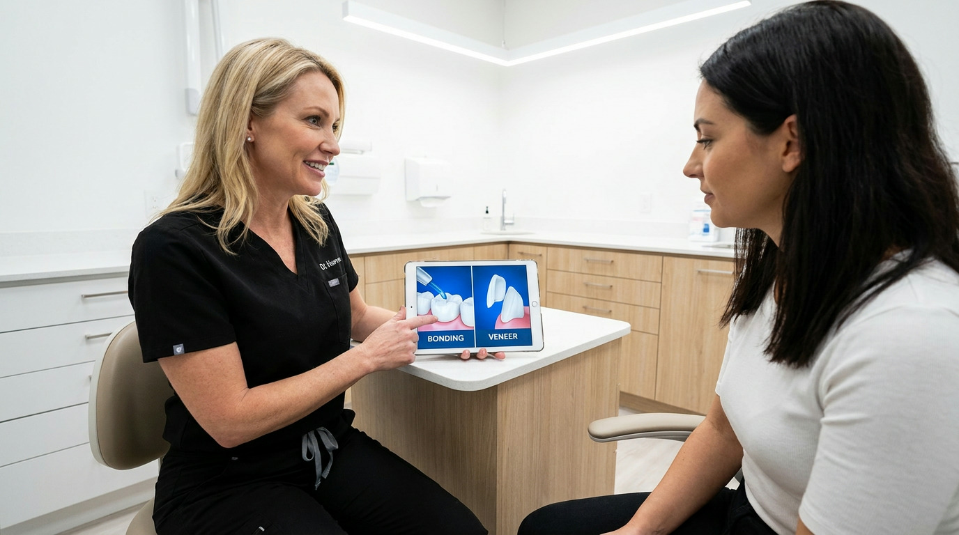 Dr. Hannon, in black scrubs, points to a tablet showing dental bonding and veneer diagrams while speaking to a patient in a white shirt in a modern dental office.