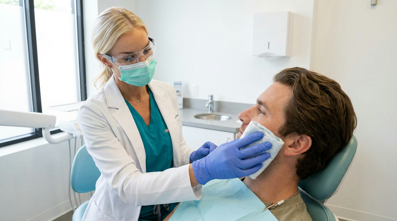 Dr. Hannon, wearing teal scrubs, a white lab coat, safety glasses, and a mask, gently places a white compress on Lucas's cheek as he sits in a dental chair.