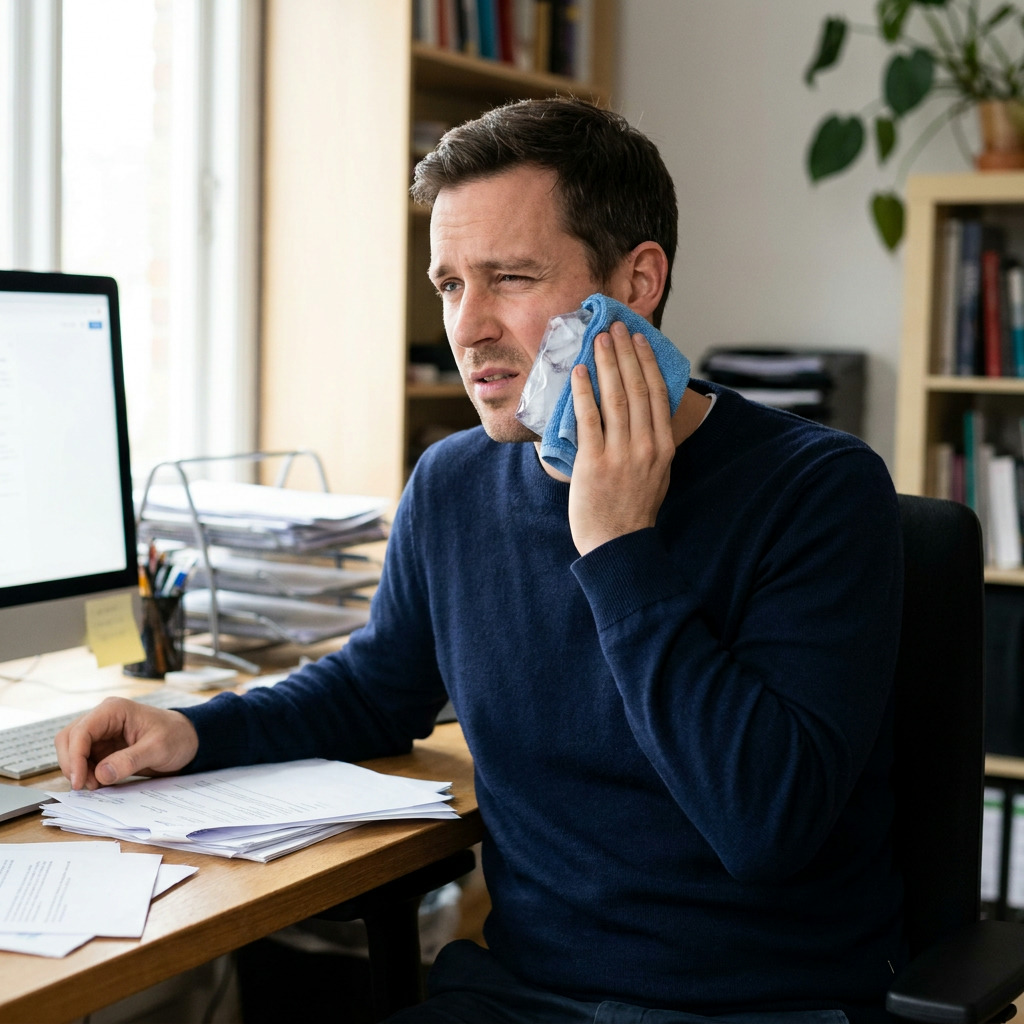 Lucas, wearing a navy sweater, sits at a desk, wincing while holding an ice pack wrapped in a blue cloth to his right cheek.